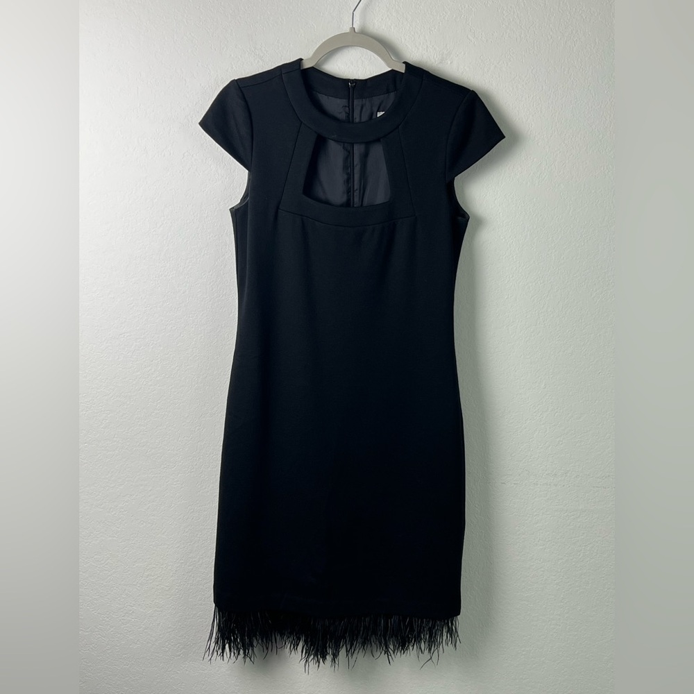 Trina Turk Crewneck with Trapezoid Cut Out & Detachable Feather Hem Sheath Dress